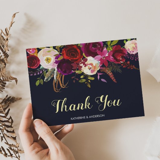 ボホフローラネイビーマルサラ秋の結婚式サンキュー サンキューカード