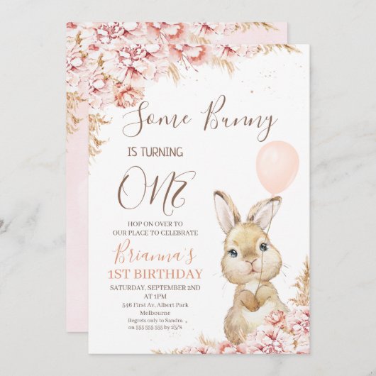 ボホフローラバニーバルーン1st誕生日招待状 招待状 (正面/裏面)