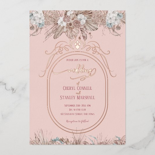 ボホフローラバラ結婚金ゴールド 箔招待状 (正面)