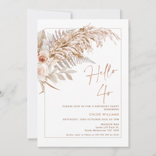 ボホフローラパンパスグラスハロー40誕生日インビタット 招待状 (正面)