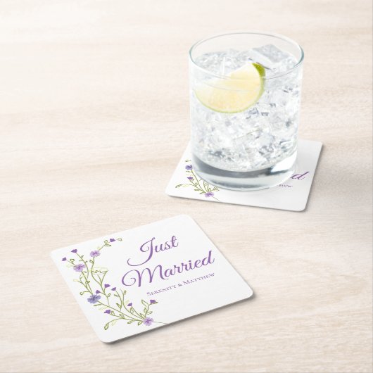 ボホフローラパープルワイルドフラワーたった今結婚しました スクエアペーパーコースター (インサイチュ)