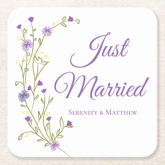ボホフローラパープルワイルドフラワーたった今結婚しました スクエアペーパーコースター (正面)