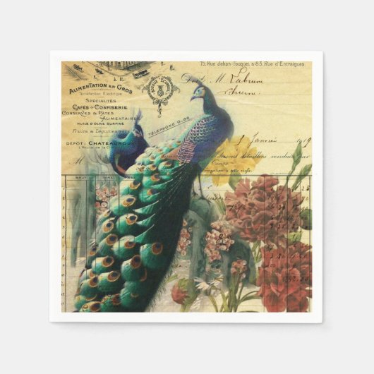 ボホフローラフランスの国モダンヴィンテージ孔雀 スタンダードカクテルナプキン (正面)