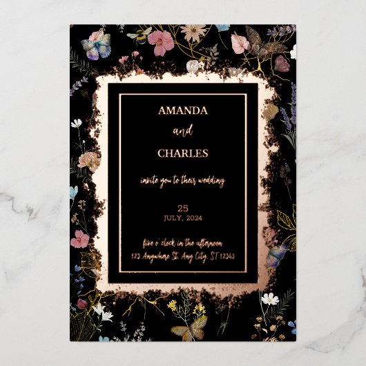 ボホフローラブラックバタフライ庭園の結婚式 箔招待状 (正面)