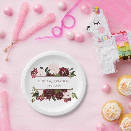 ボホフローラブルゴーニュと赤面エレガントな結婚式 ペーパープレート (パーティー)