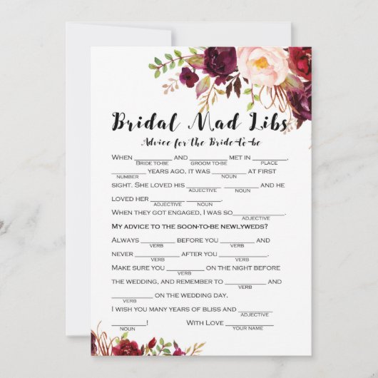 ボホフローラブルゴーニュブライダルシャワーゲーム5x7 招待状 (正面)