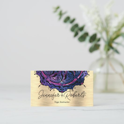ボホフローラブルーマンダラシックヨガインストラクター金ゴールド 名刺 (スタンド正面)