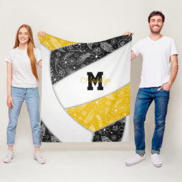 ボホフローラペイズリー羽毛黒金ゴールドバレーボール フリースブランケット