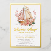 ボホフローラボートガール航海のベビーシャワー金ゴールド 箔招待状 (正面)