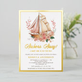 ボホフローラボートガール航海のベビーシャワー金ゴールド 箔招待状 (立ち正面)