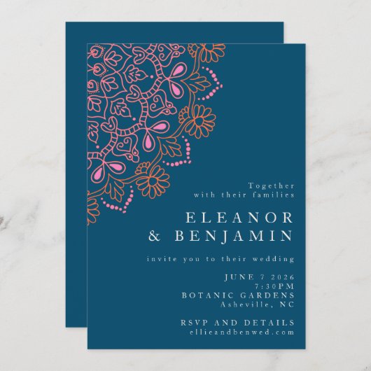ボホフローラマンダラティール（緑がかった色）ブルーエレガントな結婚式 招待状 (正面/裏面)