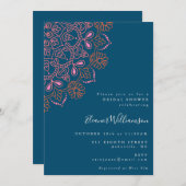 ボホフローラマンダラティール（緑がかった色）ブルーブライダルシャワー 招待状 (正面/裏面)