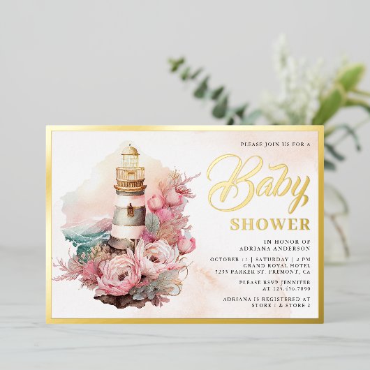 ボホフローラライトハウス航海のベビーシャワー金ゴールド 箔招待状 (立ち正面)