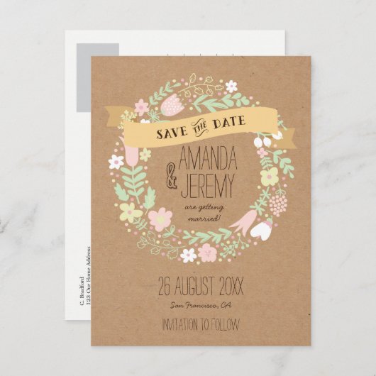 ボホフローラリースパステル素朴ザデイトを保存 案内ポストカード (正面/裏面)