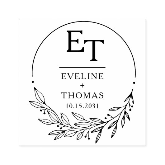 ボホフローラリースモノグラムのカスタムウェディングロゴ ラバースタンプ (インプリント)