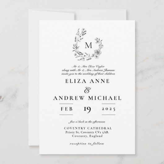 ボホフローラリースモノグラムカスタムウェディング 招待状 (正面)