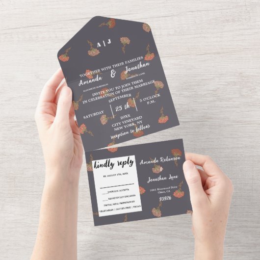 ボホフローラルパターンデザインモノグラム結婚ズ オールインワン招待状 (貼ってはがせる)