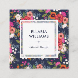 ボホフローラルパターン-コーラル&ネービーブルー スクエア名刺