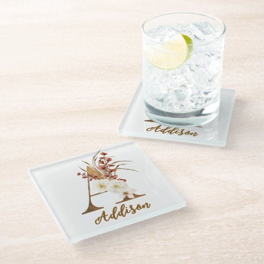 ボホフローラレターAモノグラム結婚式の引き出物 ガラスコースター (アングル)