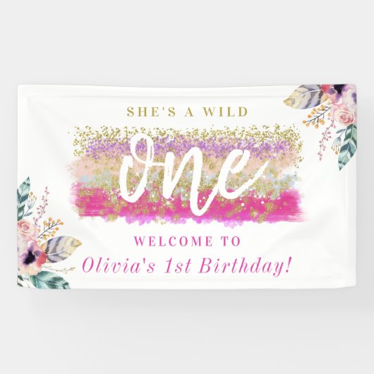 ボホフローラワイルドワンガールの最初の誕生日パーティー 横断幕 (横)