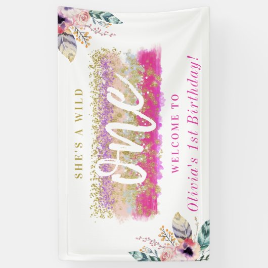 ボホフローラワイルドワンガールの最初の誕生日パーティー 横断幕 (縦)