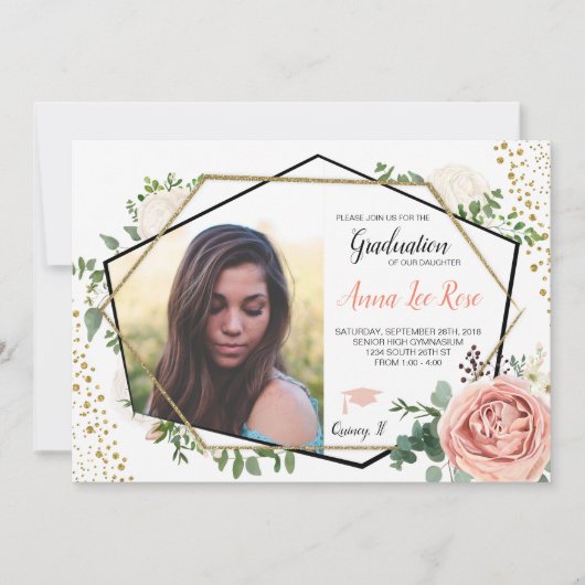 ボホフローラ幾何学金ゴールド卒業招待状 招待状 (正面)