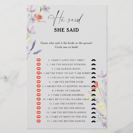 ボホフローラ彼は彼女はブライダルシャワーゲームを言った (正面)