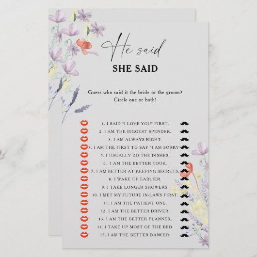 ボホフローラ彼は彼女はブライダルシャワーゲームを言った (正面/裏面)