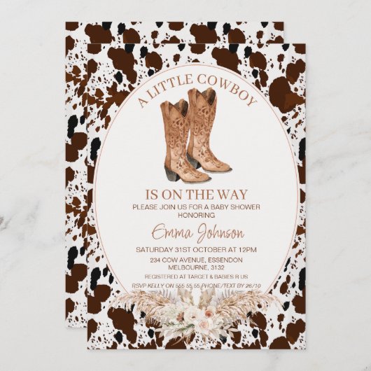 ボホフローラ牛革カウボーイブーツ赤ちゃんシャワー 招待状 (正面/裏面)