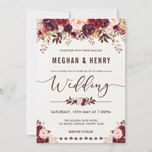 ボホフローラ素朴結婚式招待状シャビーシック 招待状 (正面)