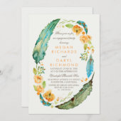 ボホフローラ羽ヴィンテージティール（緑がかった色）婚約パーティ 招待状 (正面/裏面)