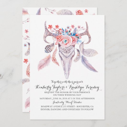 ボホフローラ羽毛ディアー〔雄ジカの〕枝角結婚ズ 招待状 (正面/裏面)