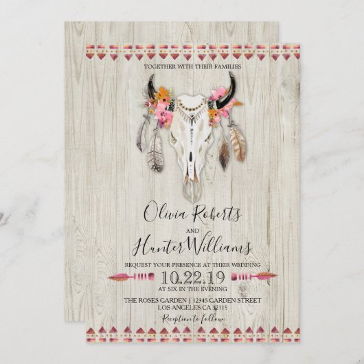 ボホフローラ羽〔雄ジカの〕枝角カウスカルウッド結婚ズ 招待状 (正面/裏面)