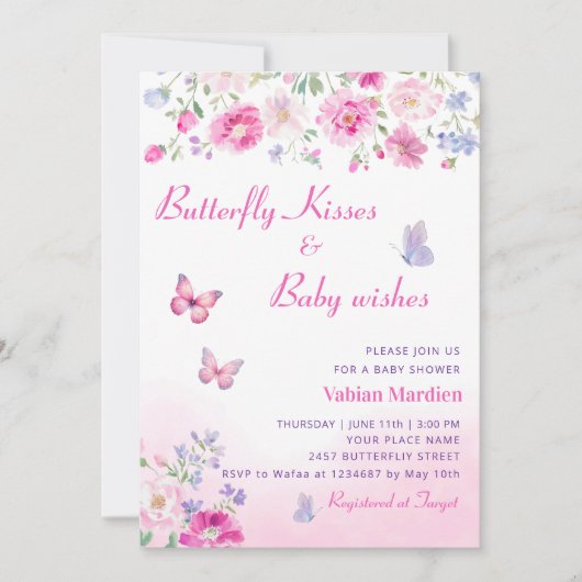 ボホフローラ蝶キス女の子ベビーシャワー 招待状 (正面)