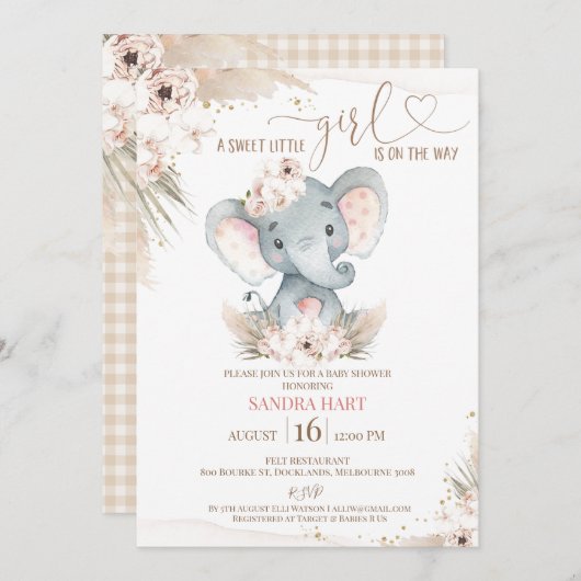 ボホフローラ象ベビーガールベビーシャワー 招待状 (正面/裏面)