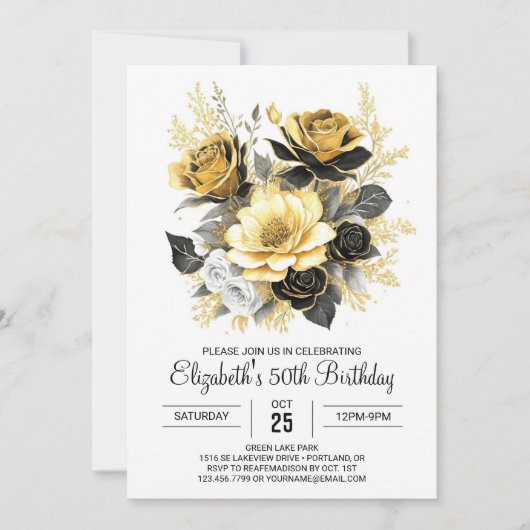 ボホフローラ金ゴールドとブラック50誕生日 招待状 (正面)
