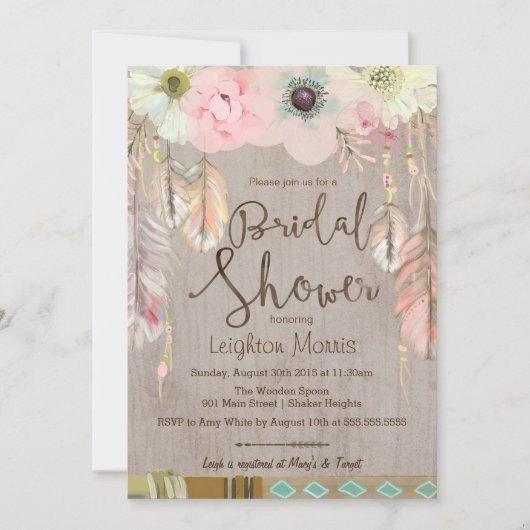 ボホブライダルシャワー招待状トライバルフェザー素朴 招待状 (正面)
