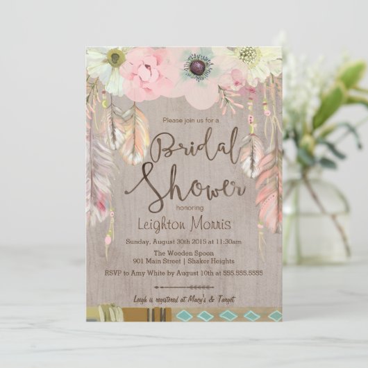 ボホブライダルシャワー招待状トライバルフェザー素朴 招待状 (スタンド正面)