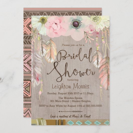 ボホブライダルシャワー招待状トライバルフェザー素朴 招待状 (正面/裏面)