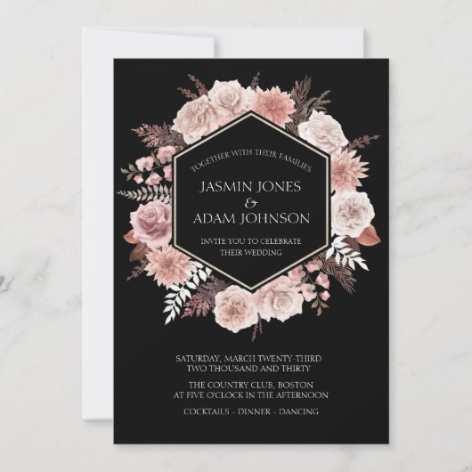 ボホブラックダスティピンク乾燥した花のリース結婚ズ 招待状 (正面)