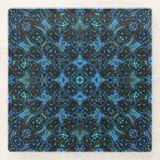 ボホブラック&ブルーダイヤモンドチェーン積層パターン ガラスコースター (正面)