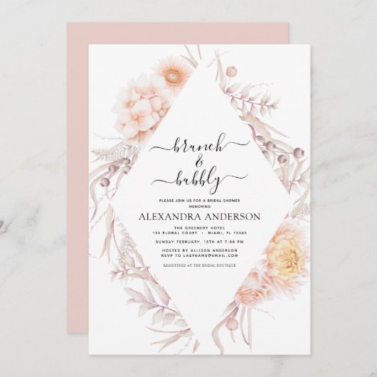ボホブランチ&バブリーブライダルシャワーダスティピンク 招待状 (正面/裏面)