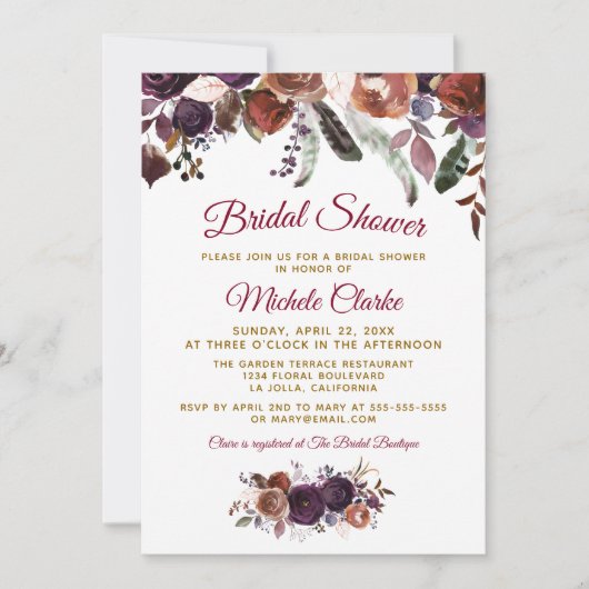ボホブルガンディウォーターカラーフローラブライダルシャワー 招待状 (正面)