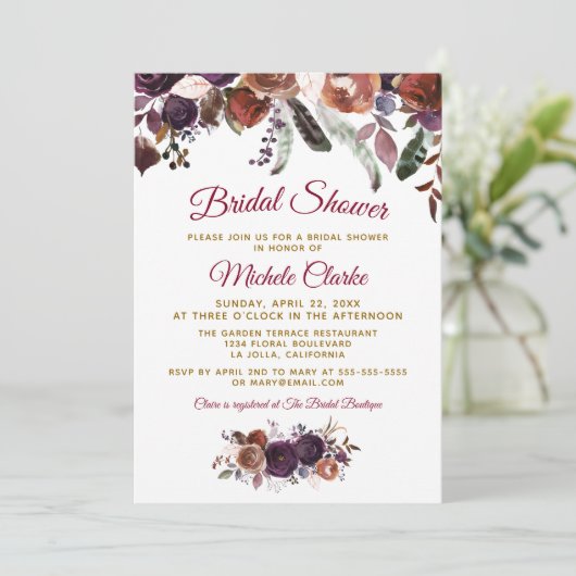 ボホブルガンディウォーターカラーフローラブライダルシャワー 招待状 (スタンド正面)