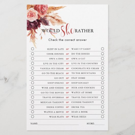 ボホブルガンディテラコッタフローラブライダルシャワーゲーム (正面)