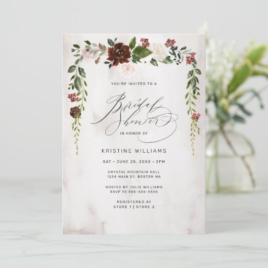 ボホブルガンディピンクウォーターカラーフローラブライダルシャワー 招待状 (スタンド正面)