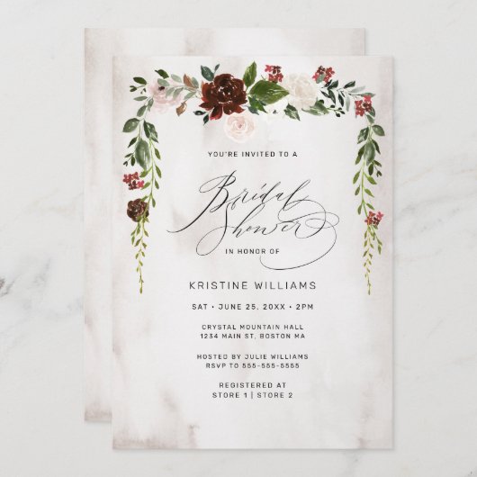 ボホブルガンディピンクウォーターカラーフローラブライダルシャワー 招待状 (正面/裏面)