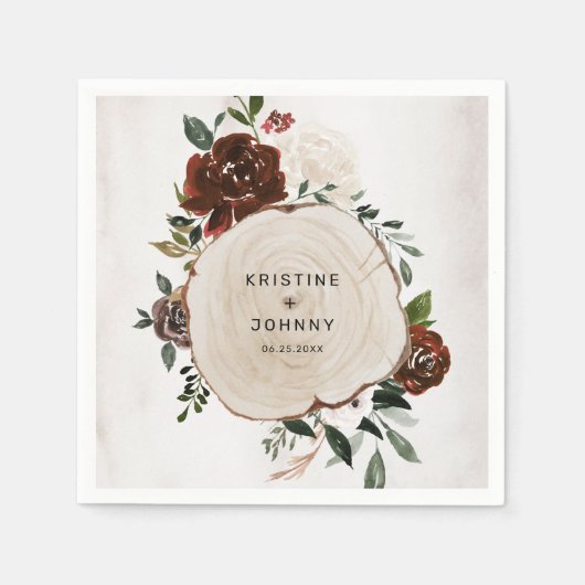 ボホブルガンディピンクローズフローラウッドスライス結婚ズ スタンダードカクテルナプキン (正面)