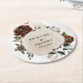 ボホブルガンディピンクローズフローラウッドスライス結婚ズ ラウンドペーパーコースター (アングル)