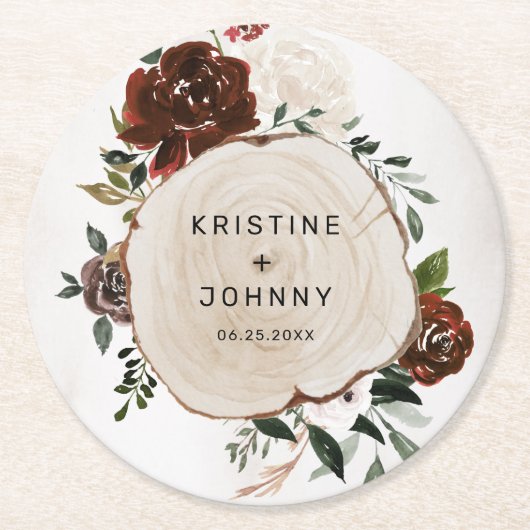 ボホブルガンディピンクローズフローラウッドスライス結婚ズ ラウンドペーパーコースター (正面)